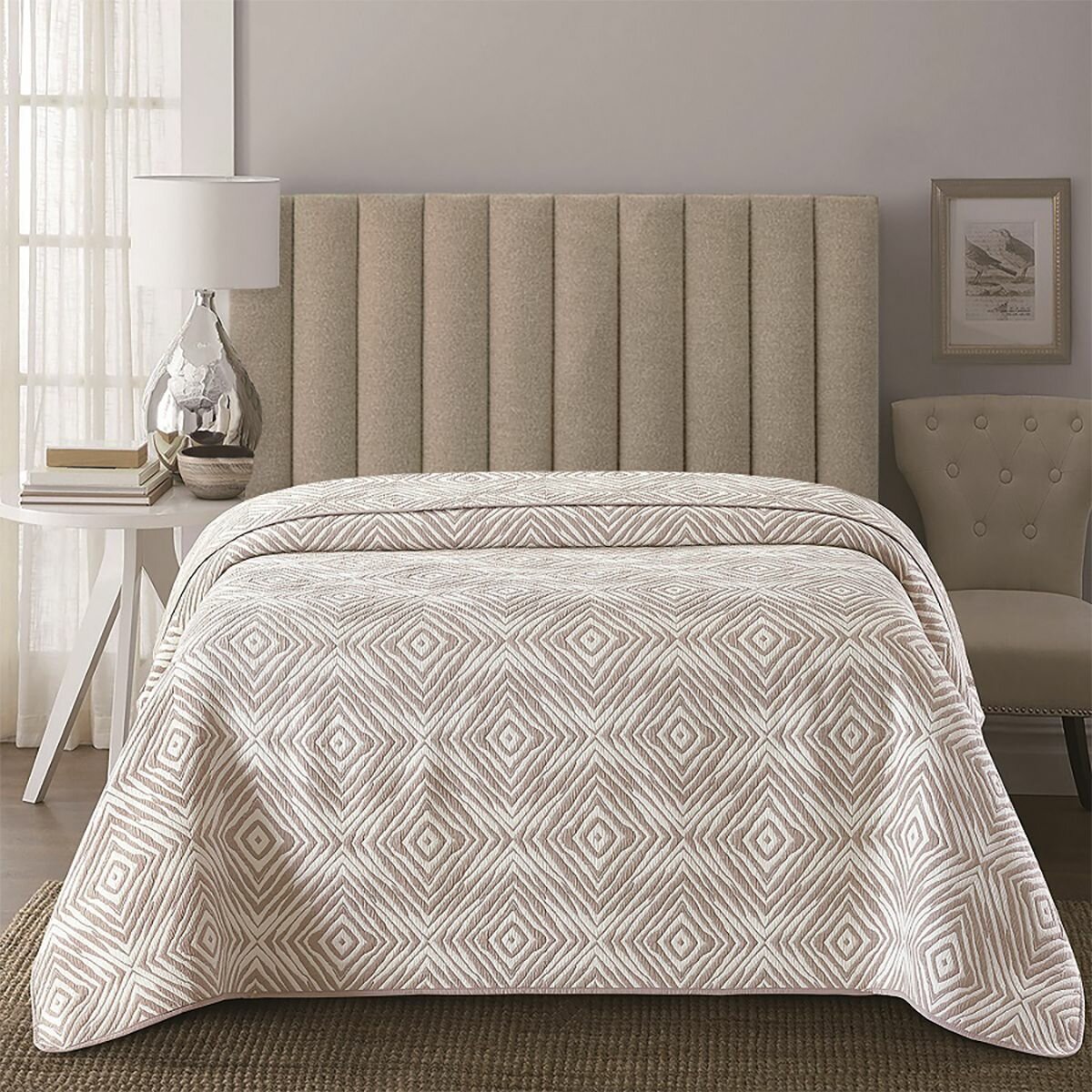 фото Покрывало жаккардовое 240*260 Теодора бежевое, ромбы