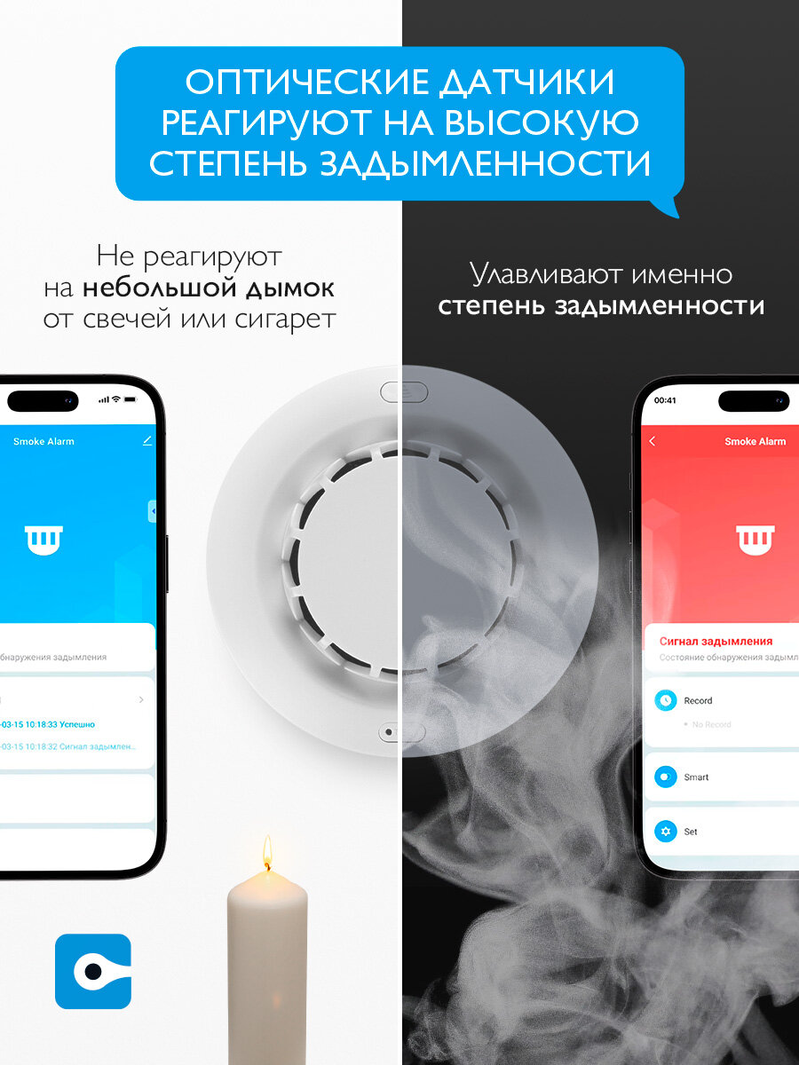 Умный датчик дыма Wi-Fi/ беспроводной, оптический датчик c дистанционным управлением от Tuya / Пожарная сигнализация с сиреной — фото 1