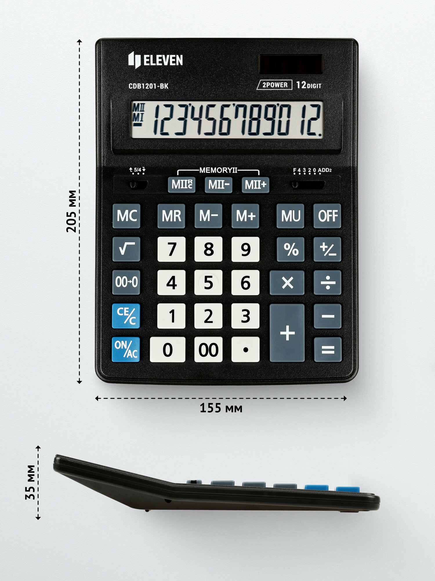 Калькулятор настольный Eleven Business Line CDB1201-BK, 12 разрядов, двойное питание, 155*205*35мм, черный — фото 2