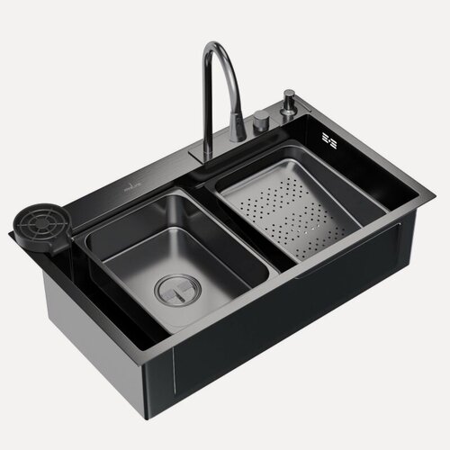 Изображение товара Мойка настол. монтаж 75х46 (3,0) вып 3 1/2 MIXLINE PRO 21,5см с сиф.(ч. граф)+доз+смесит+кол+д/р+о/с