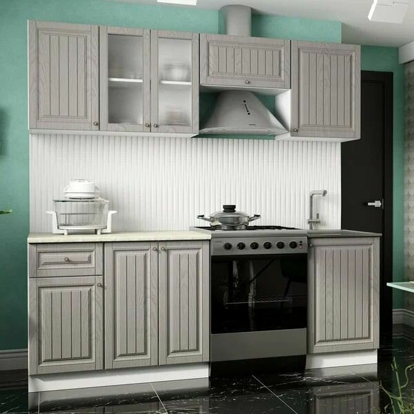 фото Кухонный гарнитур Хозяюшка 2.1м, корпус белый ЛДСП, фасад Мускат МДФ, столешница Калакатта 1м 2057х2100х600 ЭРА