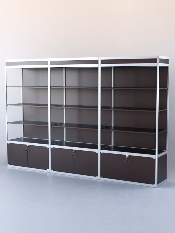 фото Витрина-стеллаж из ал. профиля №1 (3-ех метровая), Дуб Венге 300 x 50 x 200 см (ДхШхВ)