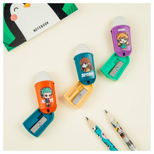 Точилка пластиковая с ластиком MESHU Anime 1 отверстие ассорти 232₽