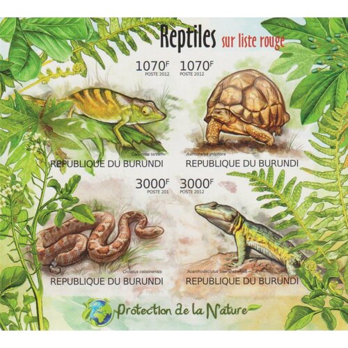 Почтовые марки Бурунди 2012г. Охрана природы - рептилии из красной книги Черепахи, Змеи, Ящерицы, Фауна MNH