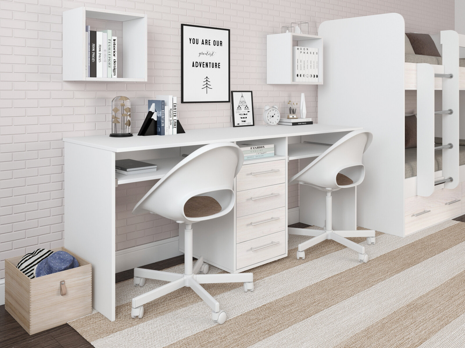 Письменный стол двойной Есэндвич Лаворо, 180x60х75 см (Белый/Анкор белый)