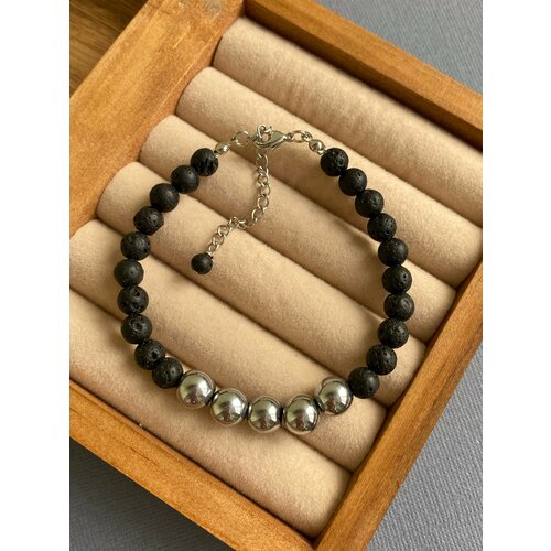 фото Браслет el tro, вулканическая лава, гематит, 1 шт., размер 18 см, черный, серебряный