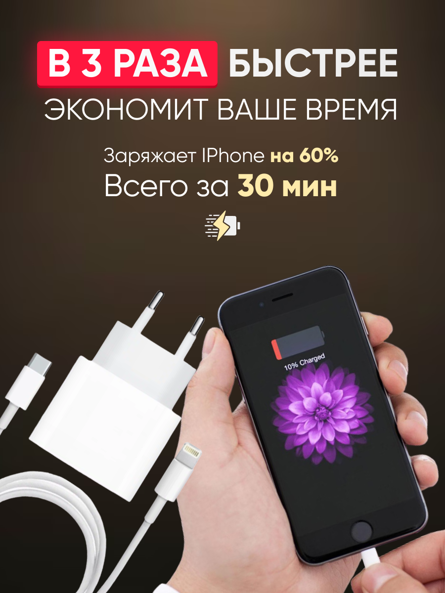 Комплект: быстрая зарядка для iPhone 8-14, Type-C, 25 Вт + кабель USB-C - Lightning, 1 метр