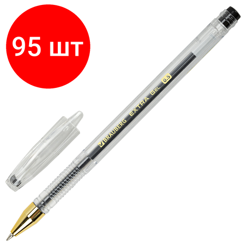 Комплект 95 шт, Ручка гелевая BRAUBERG EXTRA GLD, черная, корпус прозрачный, узел 0.5 мм, линия 0.35 мм, 143901