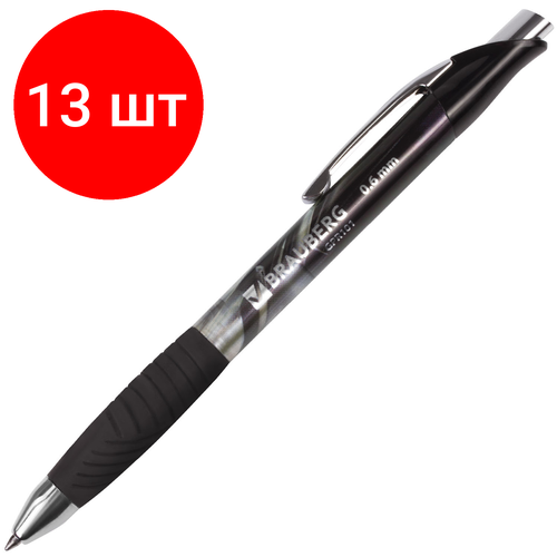 Комплект 13 шт, Ручка гелевая автоматическая с грипом BRAUBERG Jet Gel, черная, печать, узел 0.6 мм, линия письма 0.4 мм, 142691