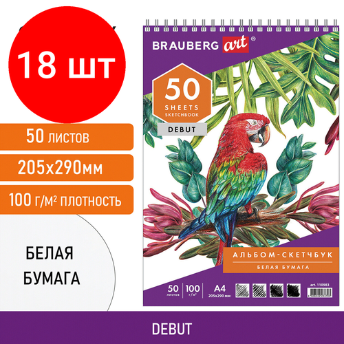 Комплект 18 шт, Скетчбук, белая бумага 100 г/м2, 205х290 мм, 50 л, гребень, жёсткая подложка, BRAUBERG ART DEBUT, 110983