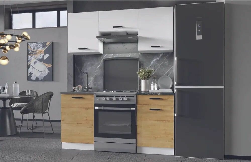 фото Кухонный гарнитур Брауни 2 м Корпус Белый /Фасад Дуб Вотан/Белый гладкий, столешница черный мрамор ЭРА