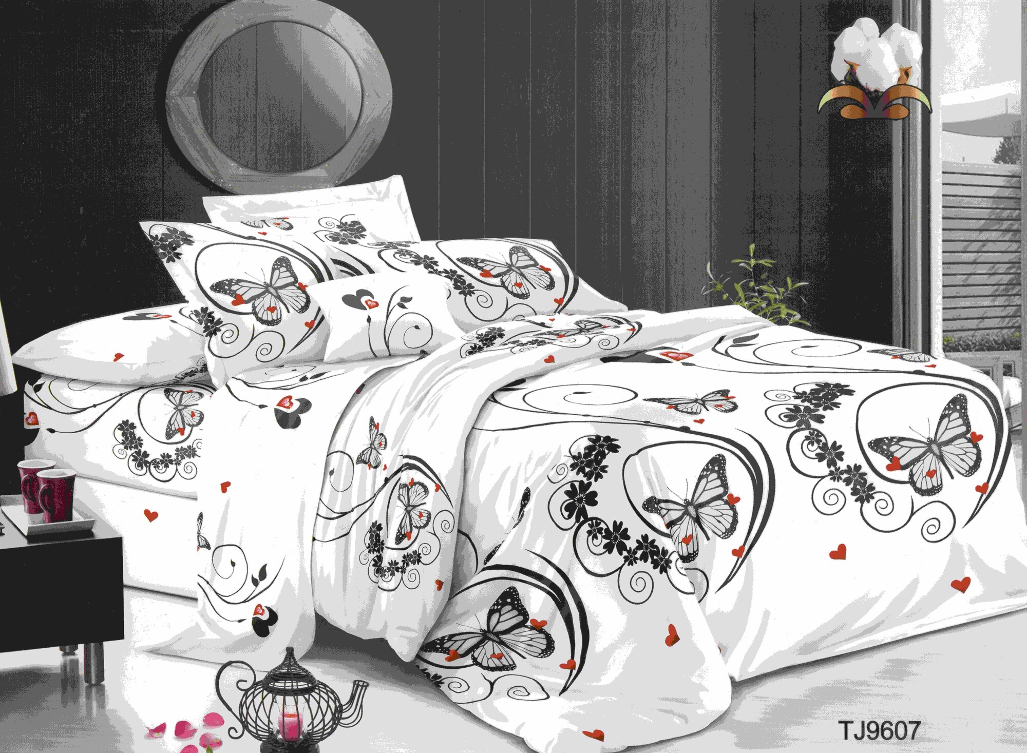 фото Комплект постельного белья, Cheery home, Полисатин, 2х спальный с 2 наволочками 70*70 и европростыней, Бабочки