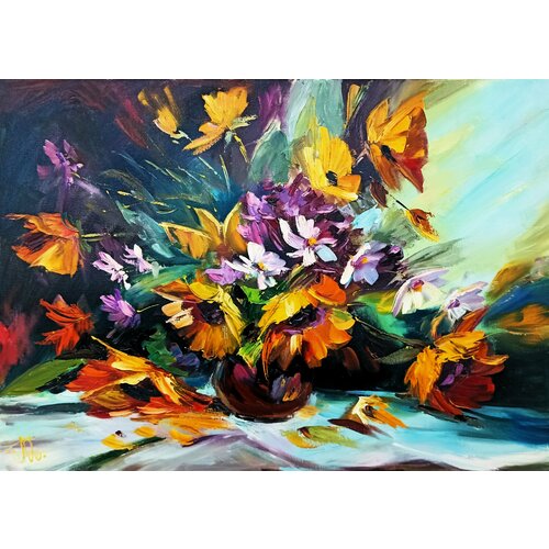 Картина маслом на холсте. 100% ручная работа, Художественная мастерская Грëзы. Импрессионизм. Букет полевых цветов с подсолнухами. 50х70 см.