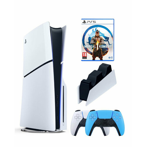 Приставка Sony Playstation 5 slim 1 Tb+2-ой геймпад(голубой)+зарядное+Мортал 1 sony playstation 5 белая игровая консоль blu ray slim 1tb