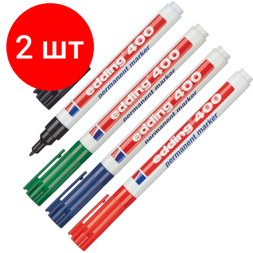 Комплект 2 наб, Набор маркеров перманентных EDDING 400. 1 мм кругл наконечник, 4 цв/блистер