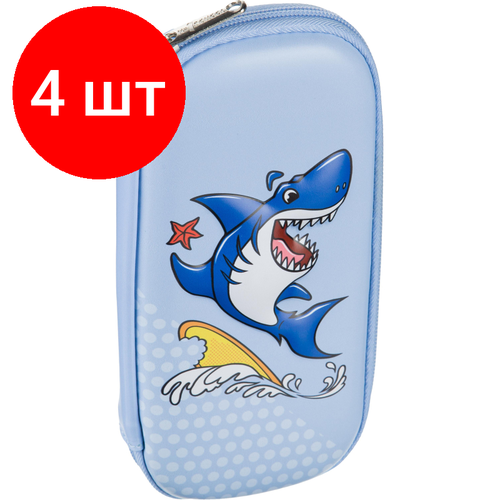 Комплект 4 штук, Пенал 3D Funny shark 1 секционный, синий shark funny shark shark spare tire cover funny gifts birthday gifts car accessories spare tire cover gift for her