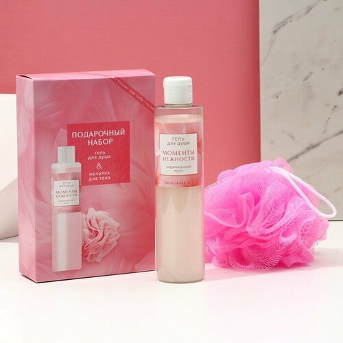 Чистое счастье гель для душа 250 мл и мочалка Моменты нежности подарочный набор аромат карамельный мусс 474₽