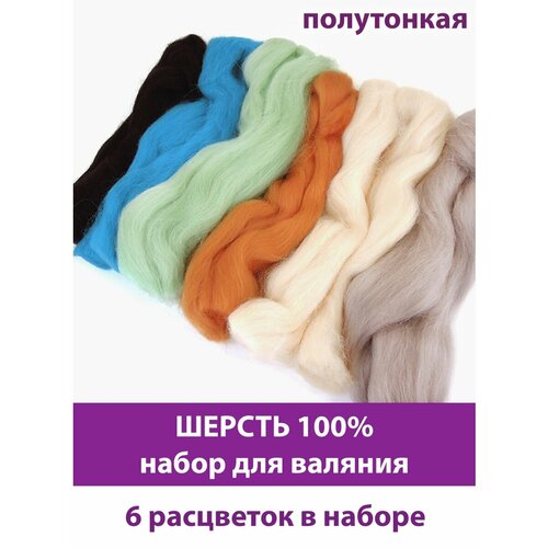 Шерсть для валяния, микс Теплая осень, полутонкая шерсть 100 %, набор 6 цветов, 50 г