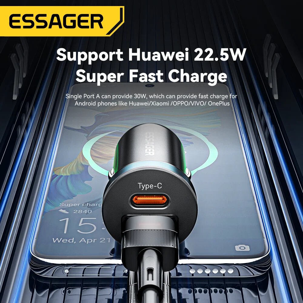 Автомобильное зарядное устройство Essager Black 30 Вт 5A PD 3.0 SCP USB Quick Charge 3.0 USB-Type-C для iPhone Xiaomi Huawei Samsung