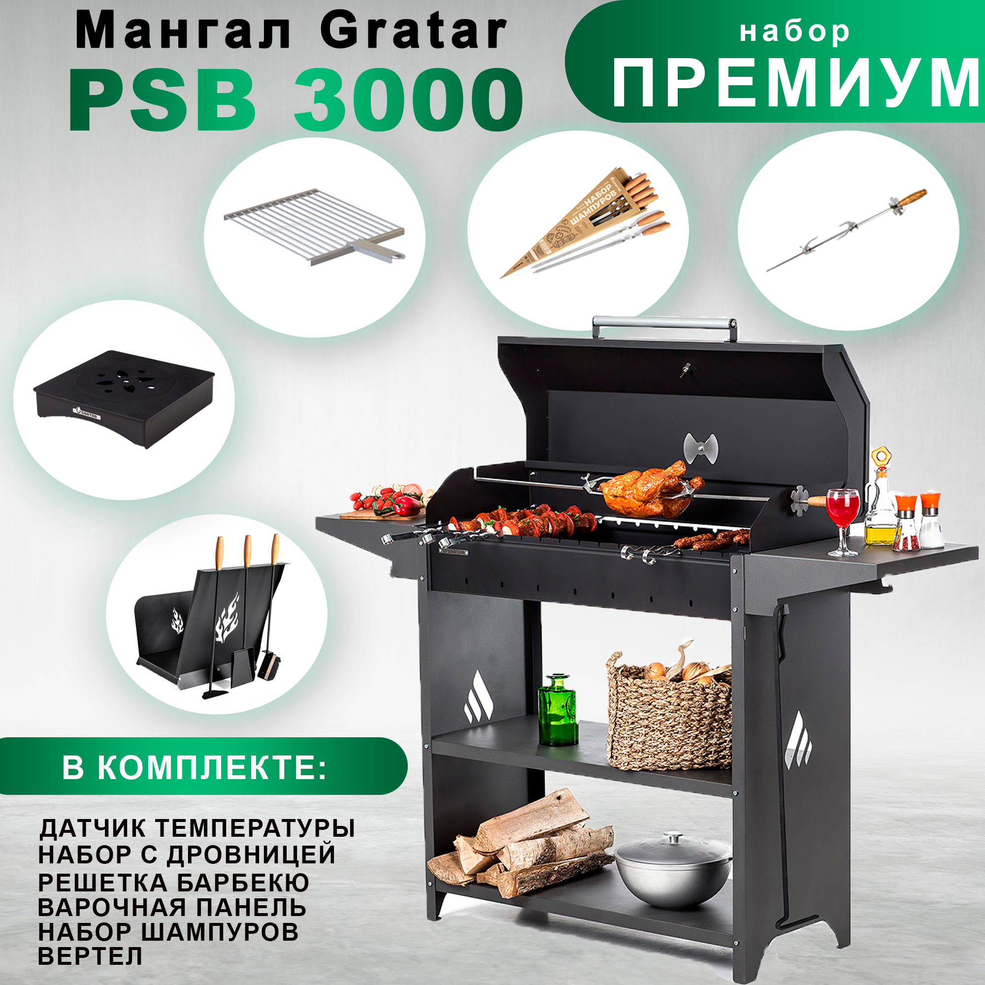 Гриль на дровах Gratar Professional Standart BBQ, PSB 3000 с набором "Премиум"