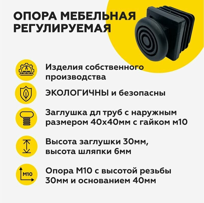 Регулируемая опора ножка для труб 40х40 мм/мебельная/для стола, с резьбовой опорой М10х30 с основанием 40мм(4шт) — фото 1