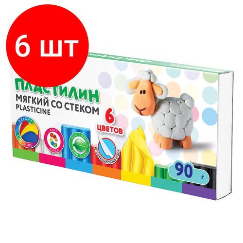 Комплект 6 шт, Пластилин мягкий восковой BRAUBERG KIDS, 6 цветов, 90 г, со стеком, 106493