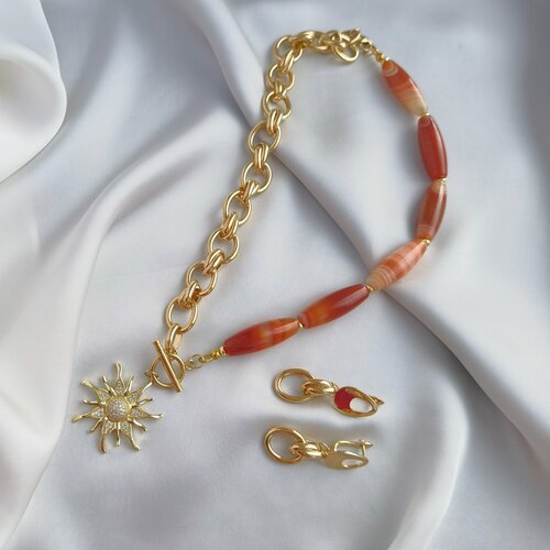 Комплект бижутерии Камни Елены: серьги, колье, агат, размер колье/цепочки 48 см