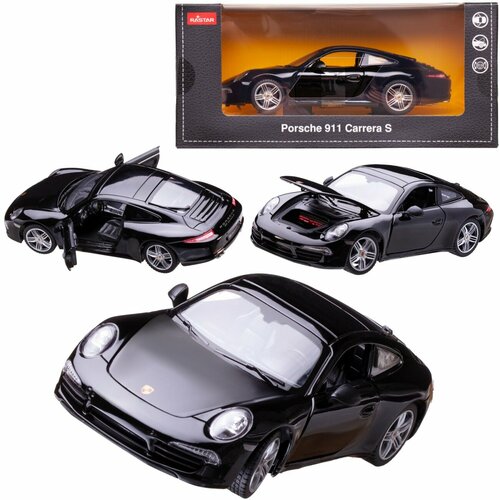 Машина металл. 1:24 Porsche 911, цвет черный, двери и капот открываются RASTAR 56200B машина металлическая porsche 911 carrera s 1 32 открываются двери инерция цвет красный