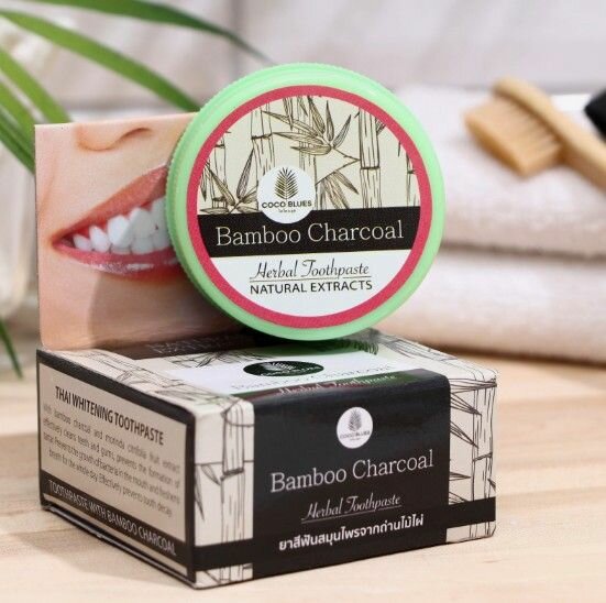Тайская зубная паста Бамбуковый уголь эффективно удаляет с эмали пятна от кофе, чая, сигарет, Coco Blues 30 гр