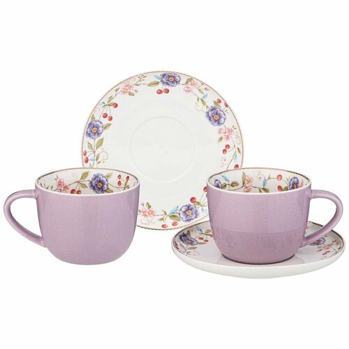 Чайный набор посуды на 2 персон Lefard Blossom 250 мл, сервиз 4 предмета: 2 чашки и блюдца, подарочный белый Фарфор Лефард