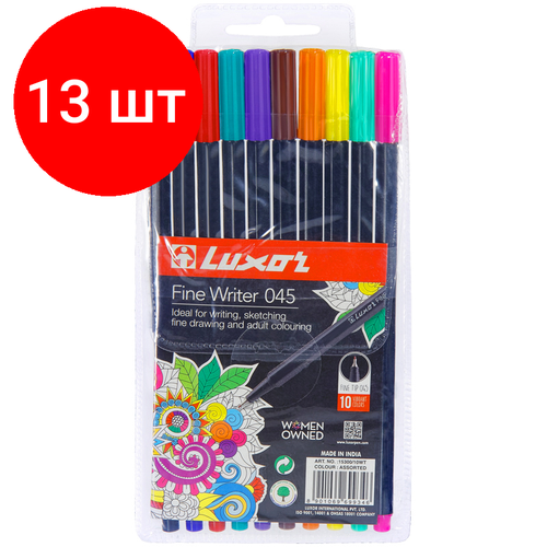 Комплект 13 шт, Набор капиллярных ручек Luxor Fine Writer 045 10цв, 0.8мм, европодвес