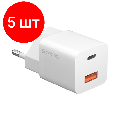 сетевое зарядное устройство 30 pin для apple 1a белый deppa 23124 Комплект 5 штук, Зарядное устройство сетевое Deppa USB-C+USB-A, PD 3.0, QC 3.0, 20Вт, белый
