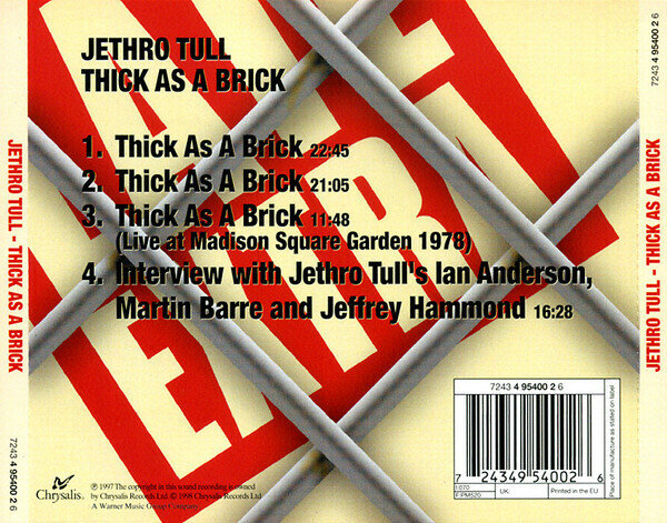 Компакт-диски, Chrysalis, JETHRO TULL - Thick As A Brick (CD) Медиа - фото №3