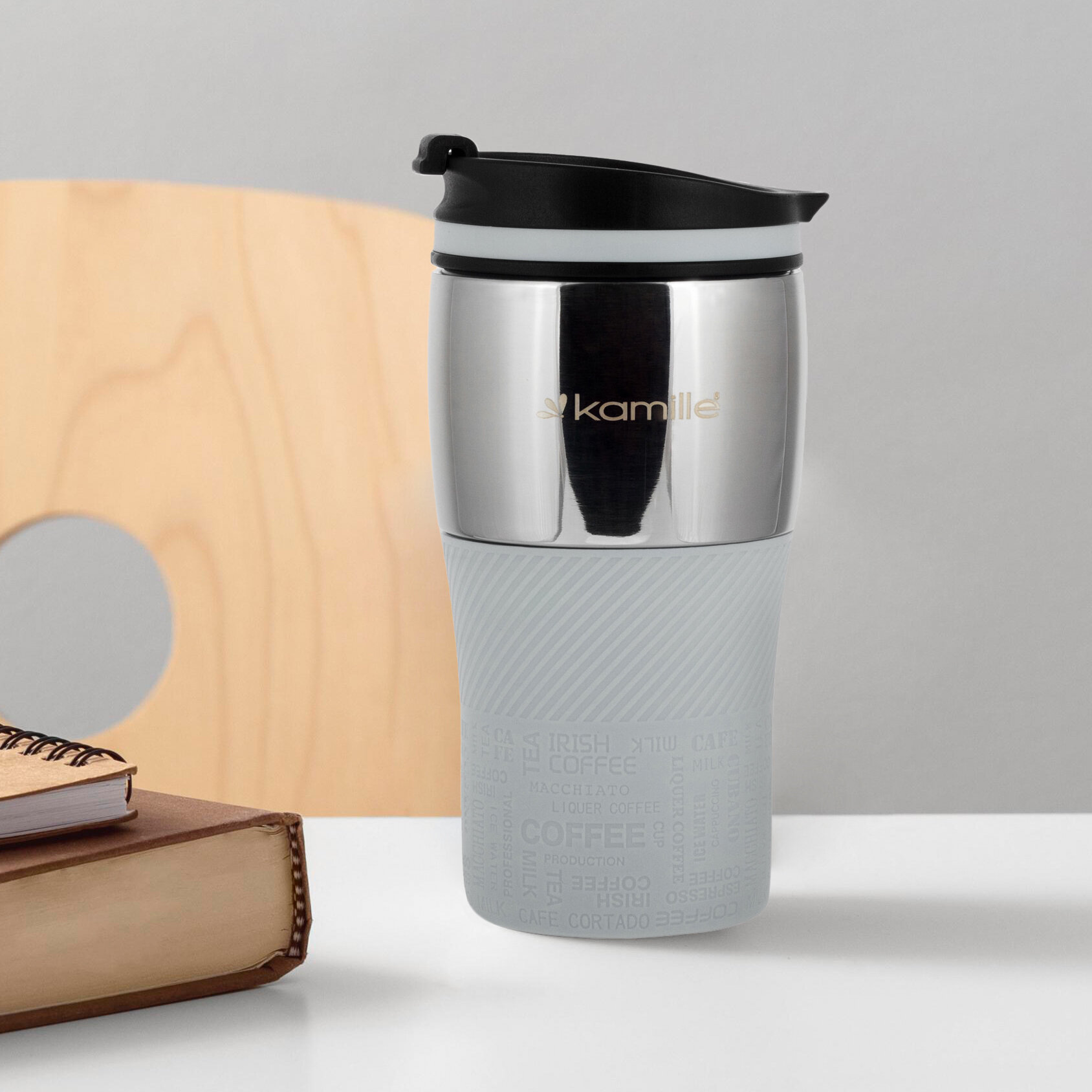 Термокружка 320 мл. из нержавеющей стали Kamille KM 2155 с TPR накладкой (2155 / серый)