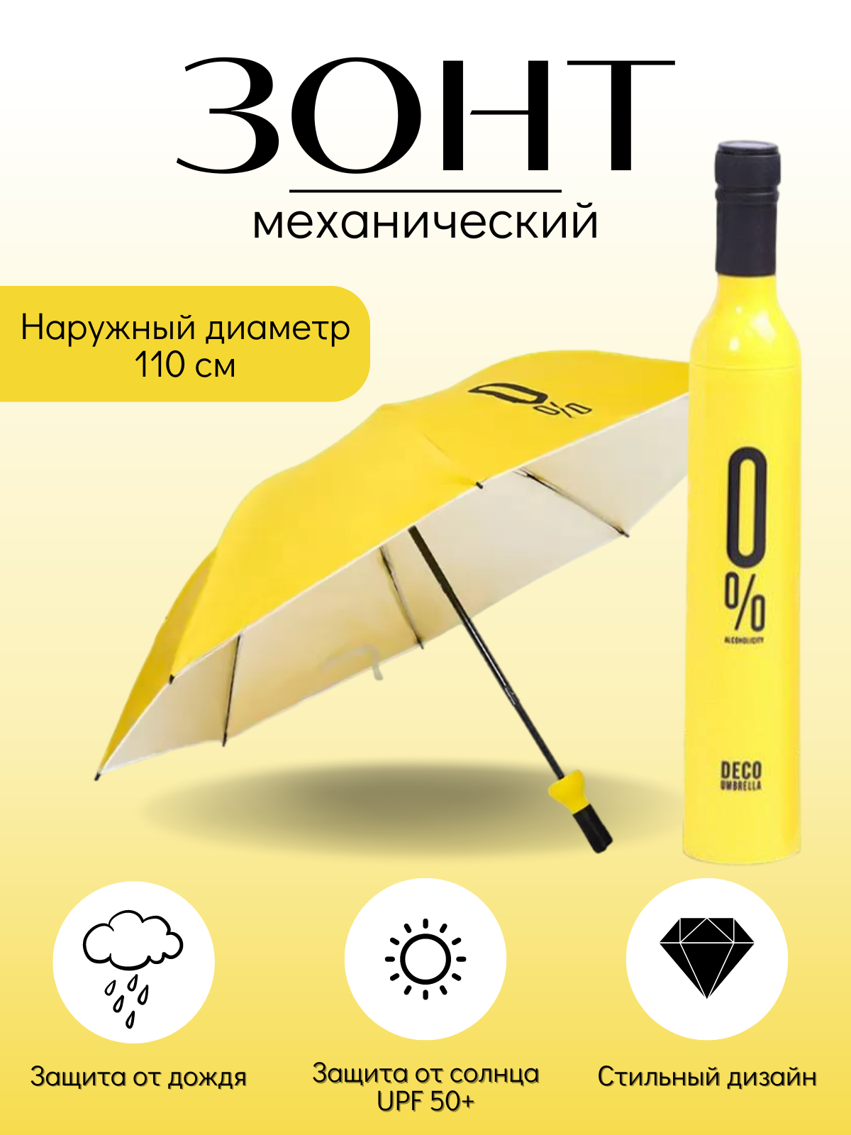 Мини зонт Бутылка унисекс VINI Store, механический складной лето - осень 2024, зонт женский легкий