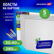 Холсты на картоне, Комплект 5 шт. (30х40 см), 280 г/м2, грунт, 100% хлопок, Brauberg Art Classic, 880348