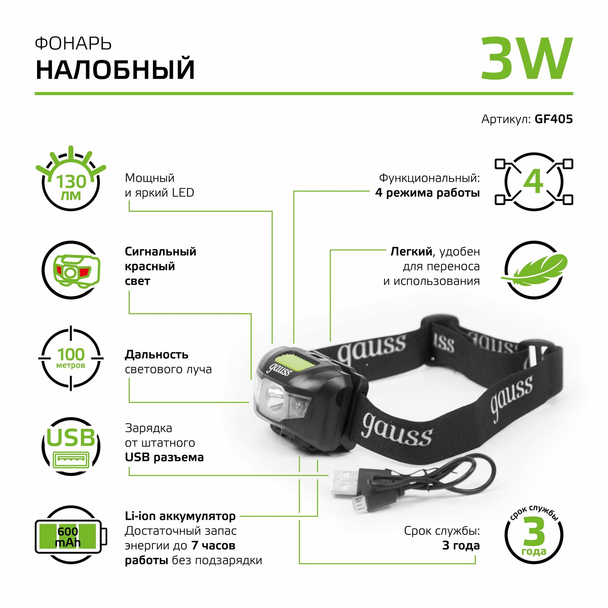 Фонарь налобный LED 3W Li-ion 600mAh Gauss