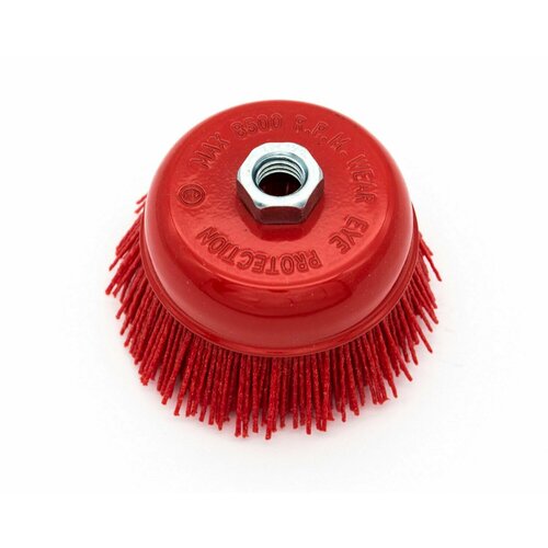 Нейлоновая щетка чашечная Д100хM14 на УПМ УШМ (болгарка) для браширования, шлифовки стен из бревна, бруса, сруба, абразивный нейлон, ворс полимер-абразив P80