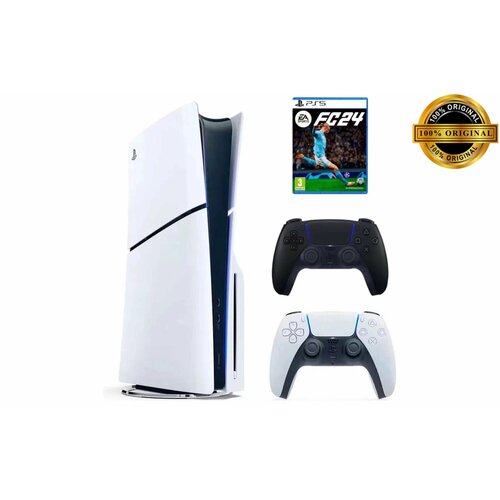 Игровая приставка Sony PlayStation 5 Slim, с дисководом, 1 ТБ, два геймпада (белый и черный), Fifa 24 игровая консоль playstation 5 slim