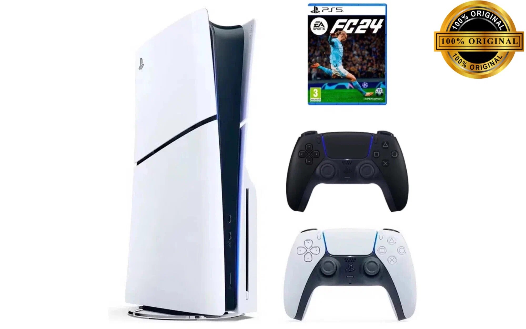 Игровая приставка Sony PlayStation 5 Slim, с дисководом, 1 ТБ, два геймпада (белый и черный), Fifa 24