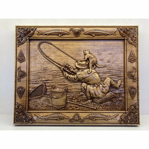 Панно Рыбак и кошка из дерева 36х28 см