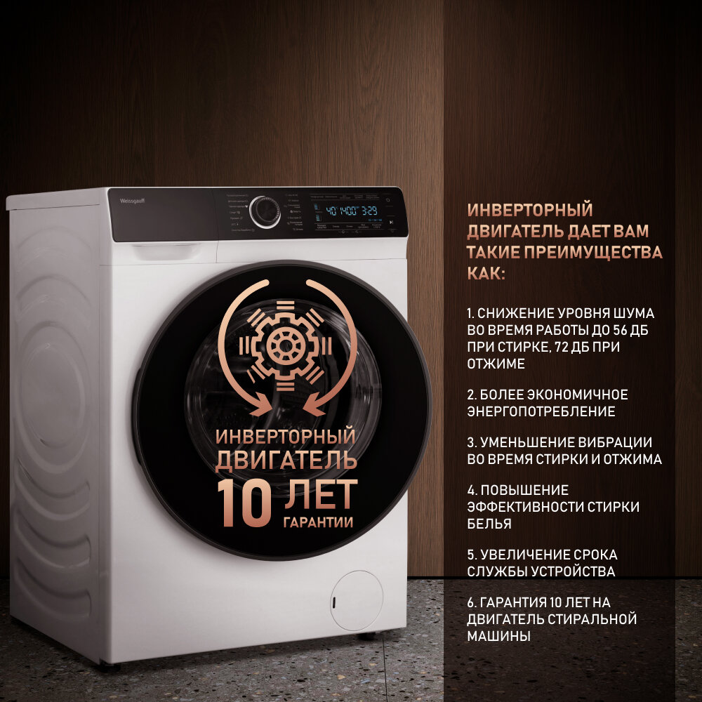 Стиральная машина полноразмерная Weissgauff Premium WM 61410 Autodose Inverter Steam, с фронтальной загрузкой, 10кг, 1400об/мин (430936) - фото №2