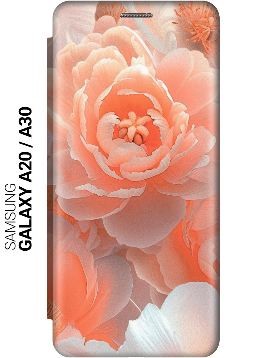 Чехол-книжка на Samsung Galaxy A20 / A30 с принтом "Персиковые пионы" золотой
