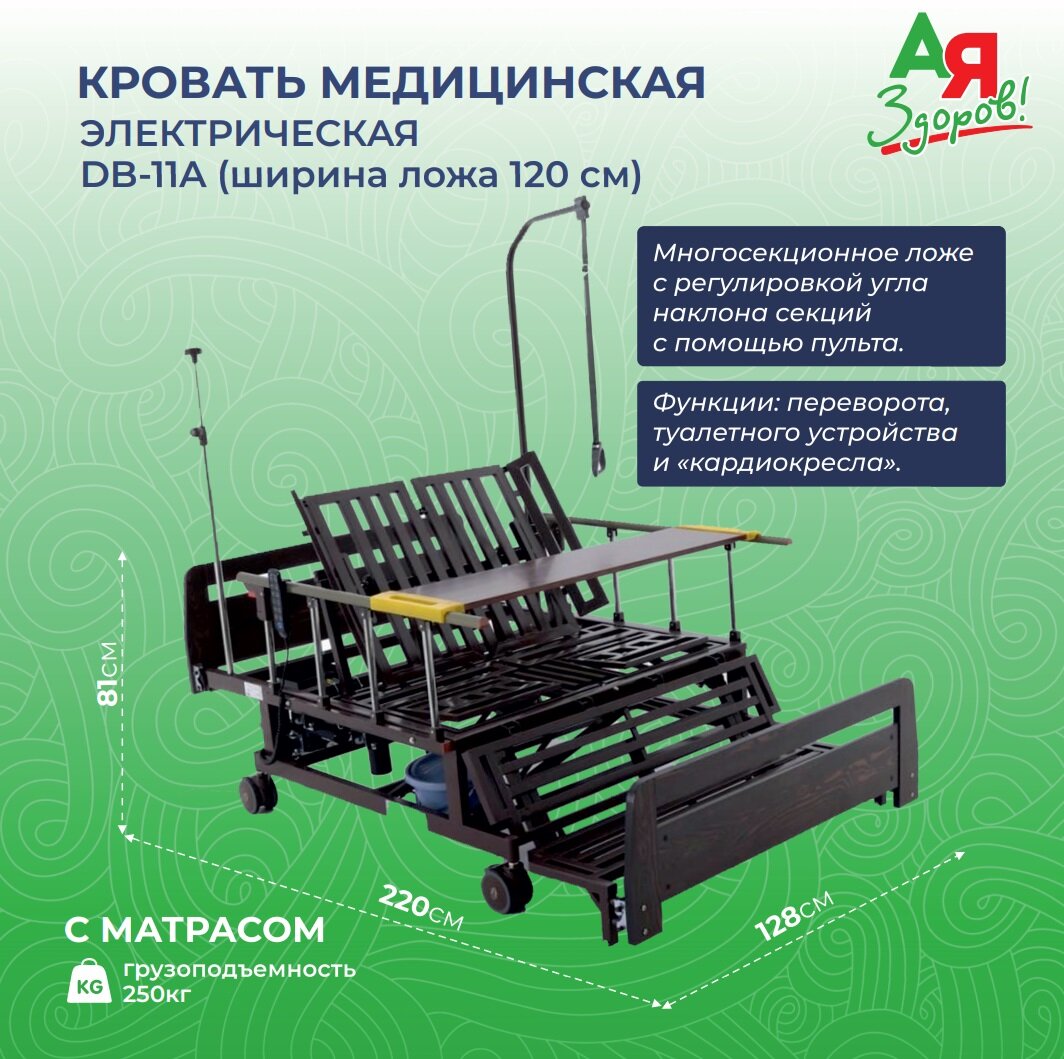 Кровать электрическая Med-Mos DB-11A с боковым переворачиванием, кардиокреслом, туалетом и матрасом (ложе 120 см)