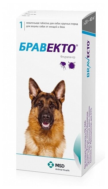 MSD Animal Health Бравекто для собак 20-40 кг, таблетки 1000 мг 1 шт. в уп, 1 уп. — фото 1