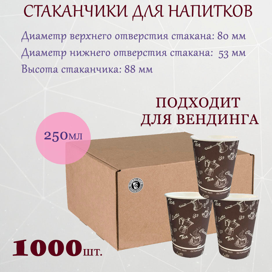 Стакан бумажный Global Cups 250 мл 80 мм, коробка, (1000шт.)