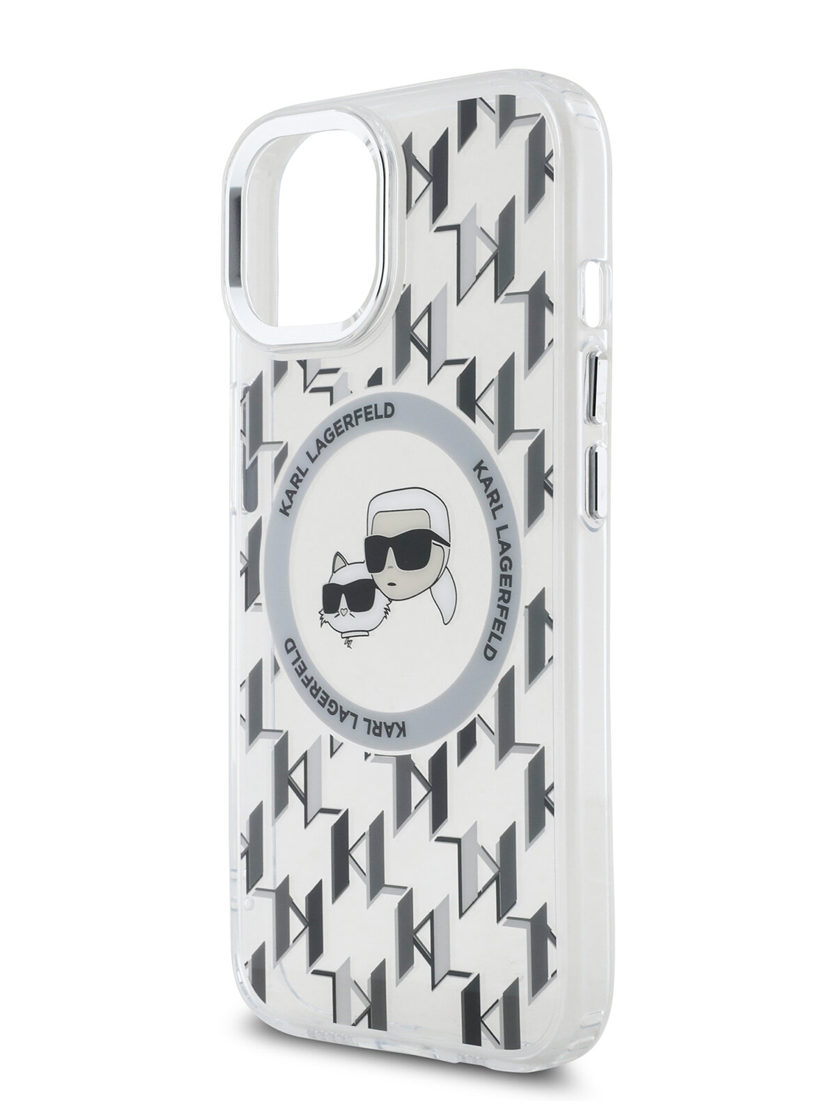 Lagerfeld для iPhone 15 чехол PC/TPU Monogram NFT Karl & Choup Metal Camera Hard Transp (MagSafe)