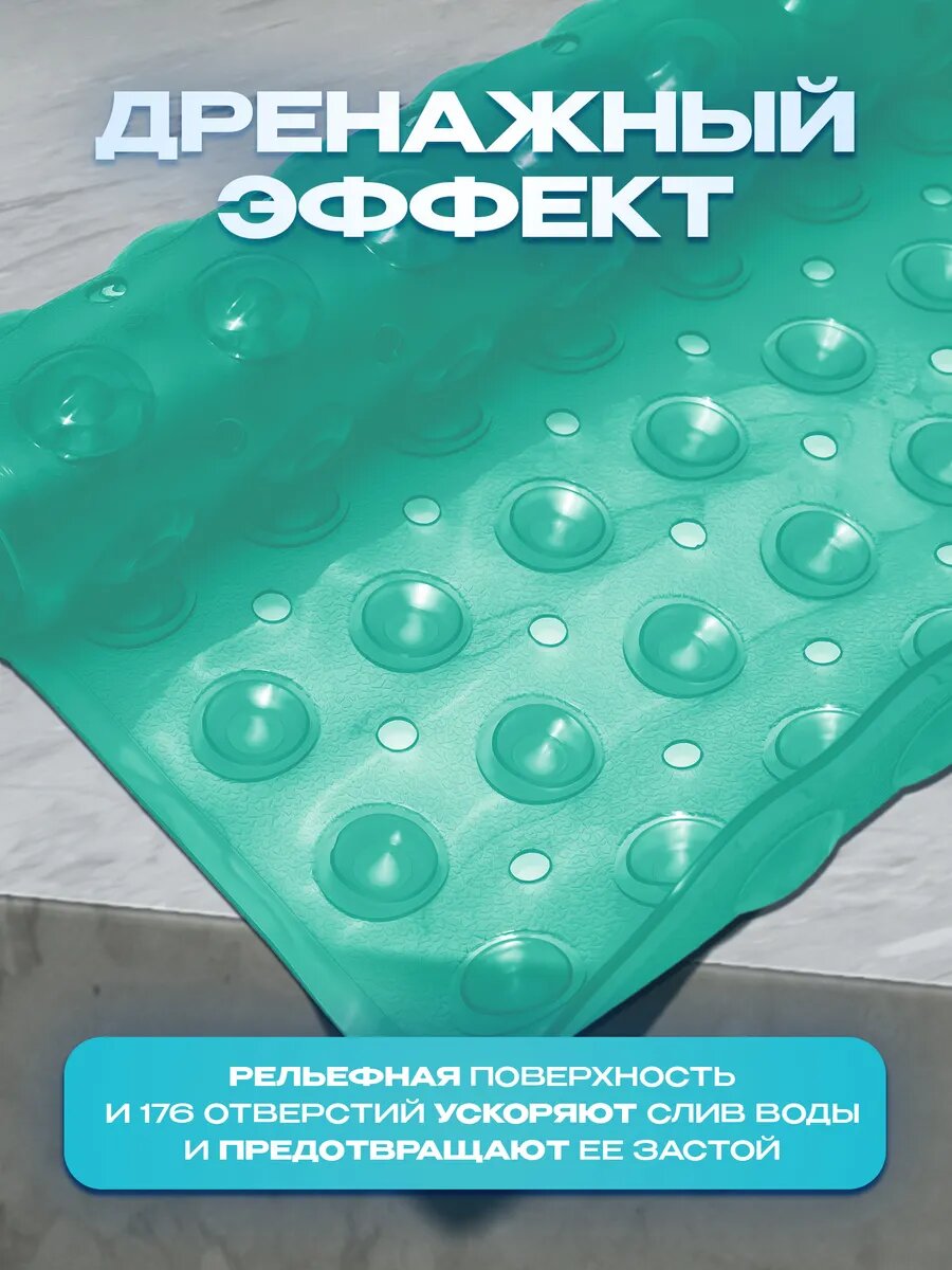 Коврик в ванную Conflate, противоскользящий резиновый на присосках с полукруглым вырезом, 100*40 см, мятный — фото 1