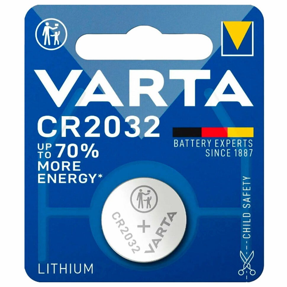 Батарейка литиевая VARTA ELECTRONICS CR2032 "таблетка, дисковая, кнопочная" 1 шт, блистер, 6032101401, 457400