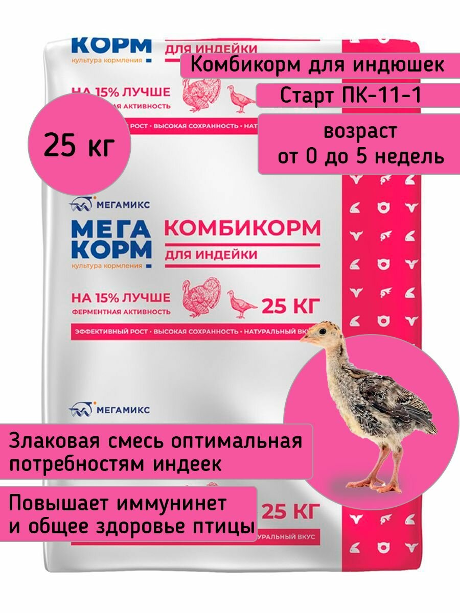 Комбикорм для индюшат Мегакорм Индейка Рост ПК-12-1 (6 - 13 недель) (25 кг/м) 1кг.